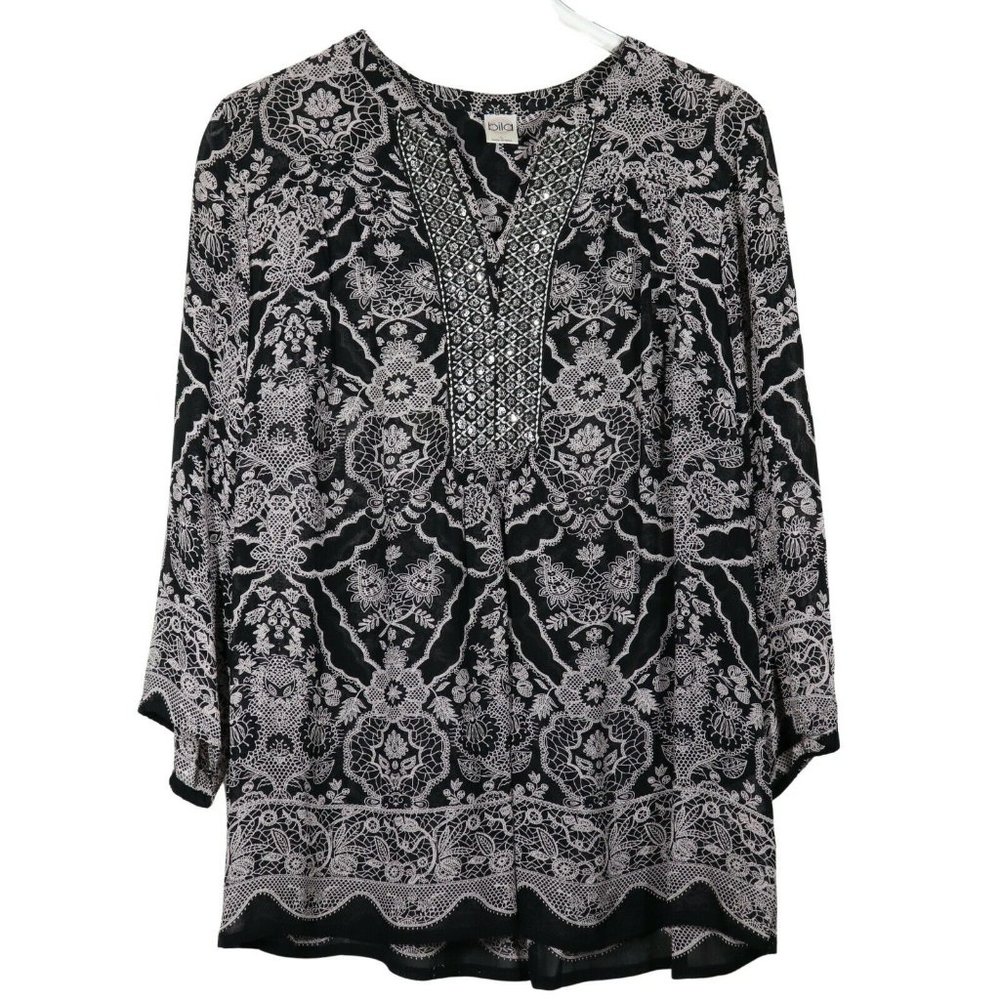 Bila Floral Paisley Tunic Top Size L Black 3/4 Sleeve Sequin V-Neck Blouse EUC
